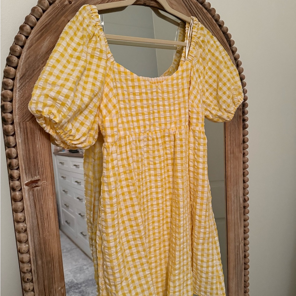 Sunny Yellow Checkered Dress with Puff Sleeves